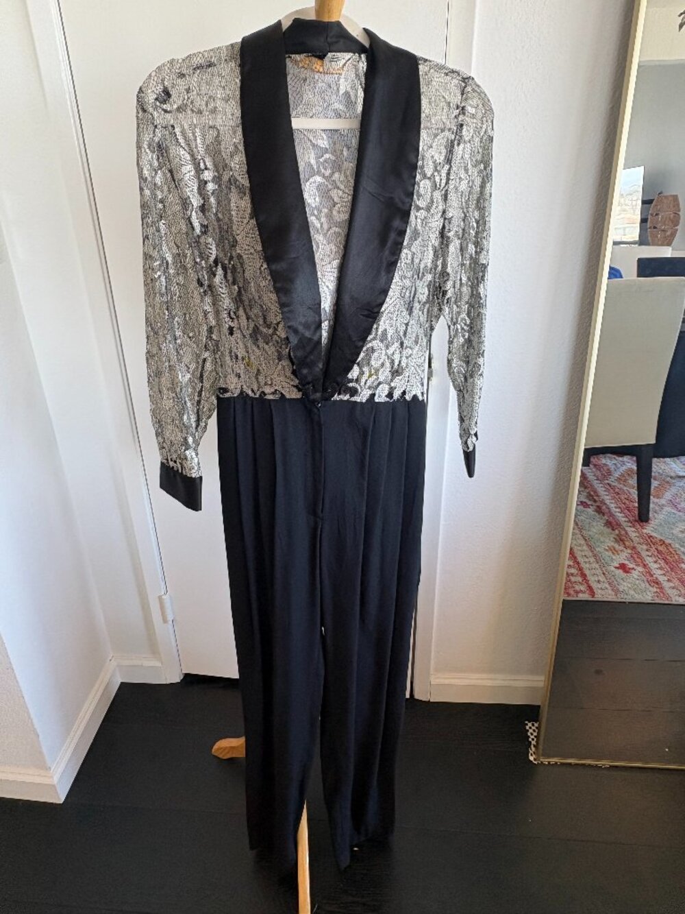 Vintage 80s Black Silver Metallic Lace Wide Leg Jumpsuit